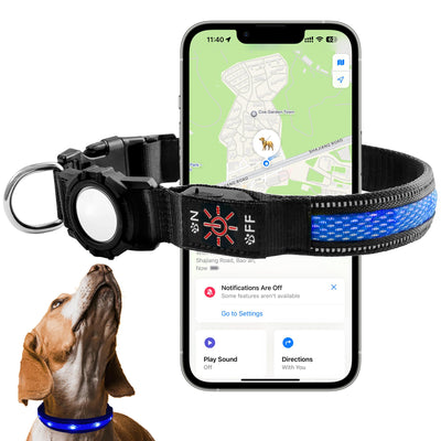 AirTag Pet Dog Tracker Collar – LED Light Up Collar with Built-In QR Dog Tag & AirTag Holder | No Monthly Fees | Adjustable Size (Blue or Pink)