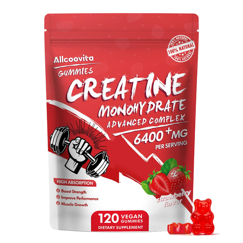 Creatine Monohydrate Gummies Complex 6400mg for Men & Women - 120 Gummies Advanced Formula L-Taurine + Vitamin B12 for Muscle Strength Muscle Builder Energy Boost Pre-Workout Supplement-Strawberry
